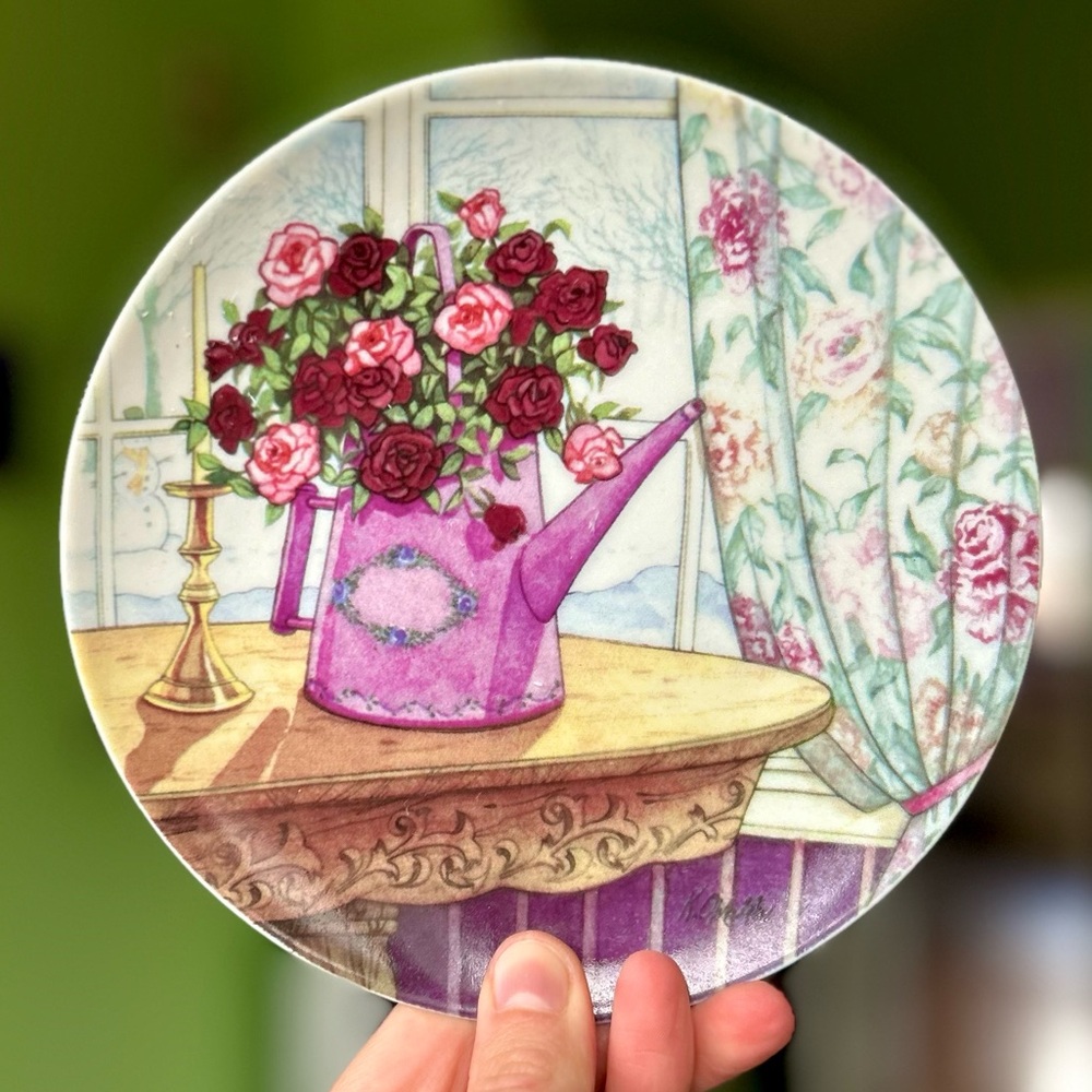 Vintage Cottagecore Still Life Florals In Watering Can Farmhouse Plate Accent
